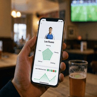 Close-up view of a mobile sports analytics app interface displaying player stats and radar charts for fan engagement