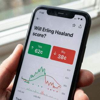 Smartphone screen showing a Polymarket-style prediction market interface with Yes/No contract buttons and a probability graph