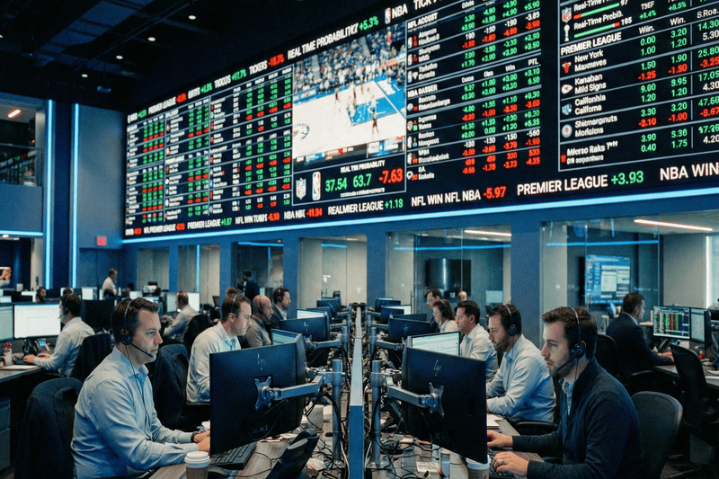 Modern trading floor with video walls displaying live sports data tickers, green and red odds changes and analysts monitoring real-time feeds